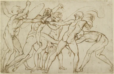 Sieben nackte Krieger kämpfen um ein Banner